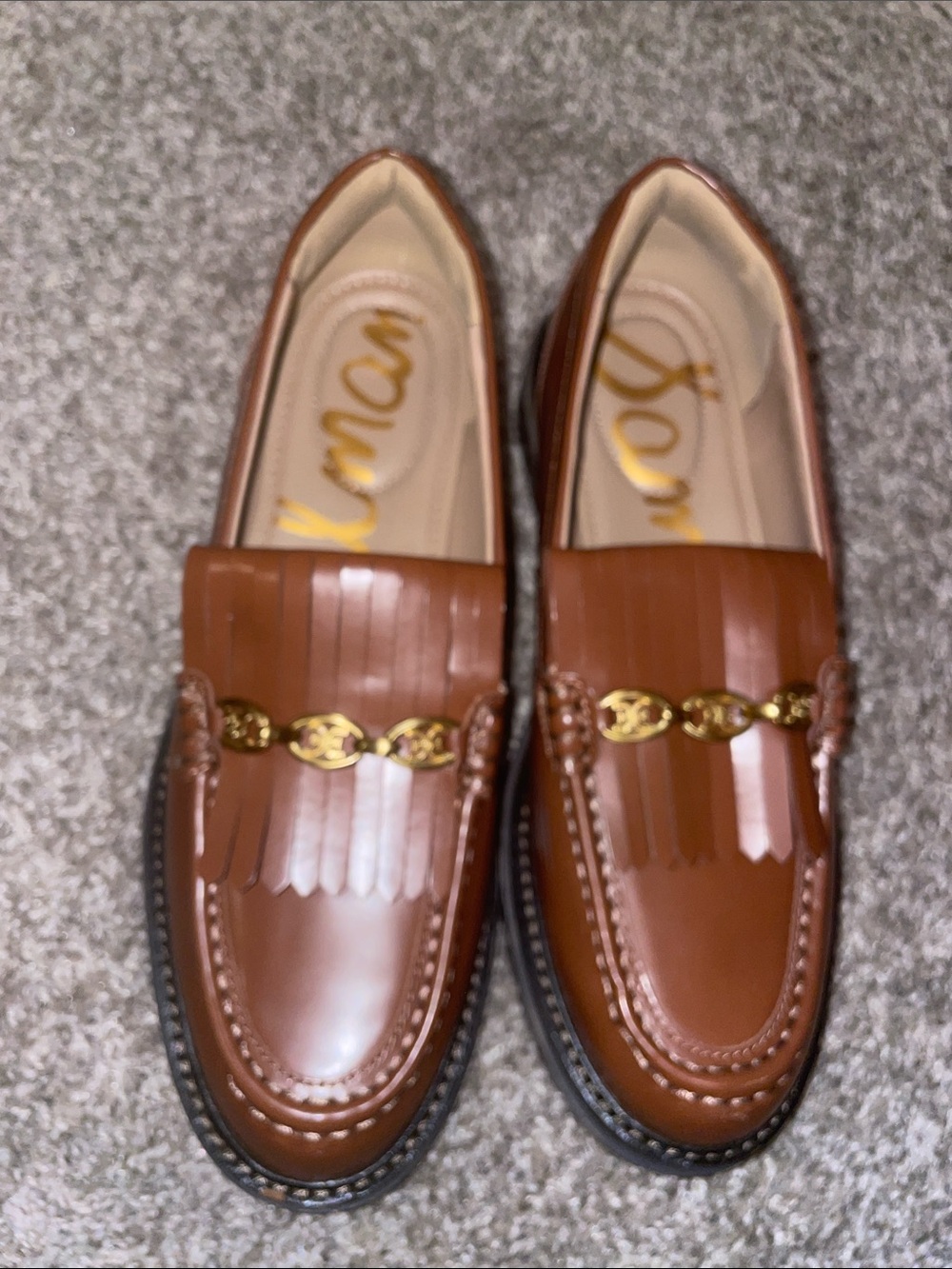 Sam Edelman Tan Brown Leather Kiltie Loafers with Gold Chain